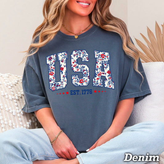 Patriotic Floral USA  Comfort Color Graphic Tee