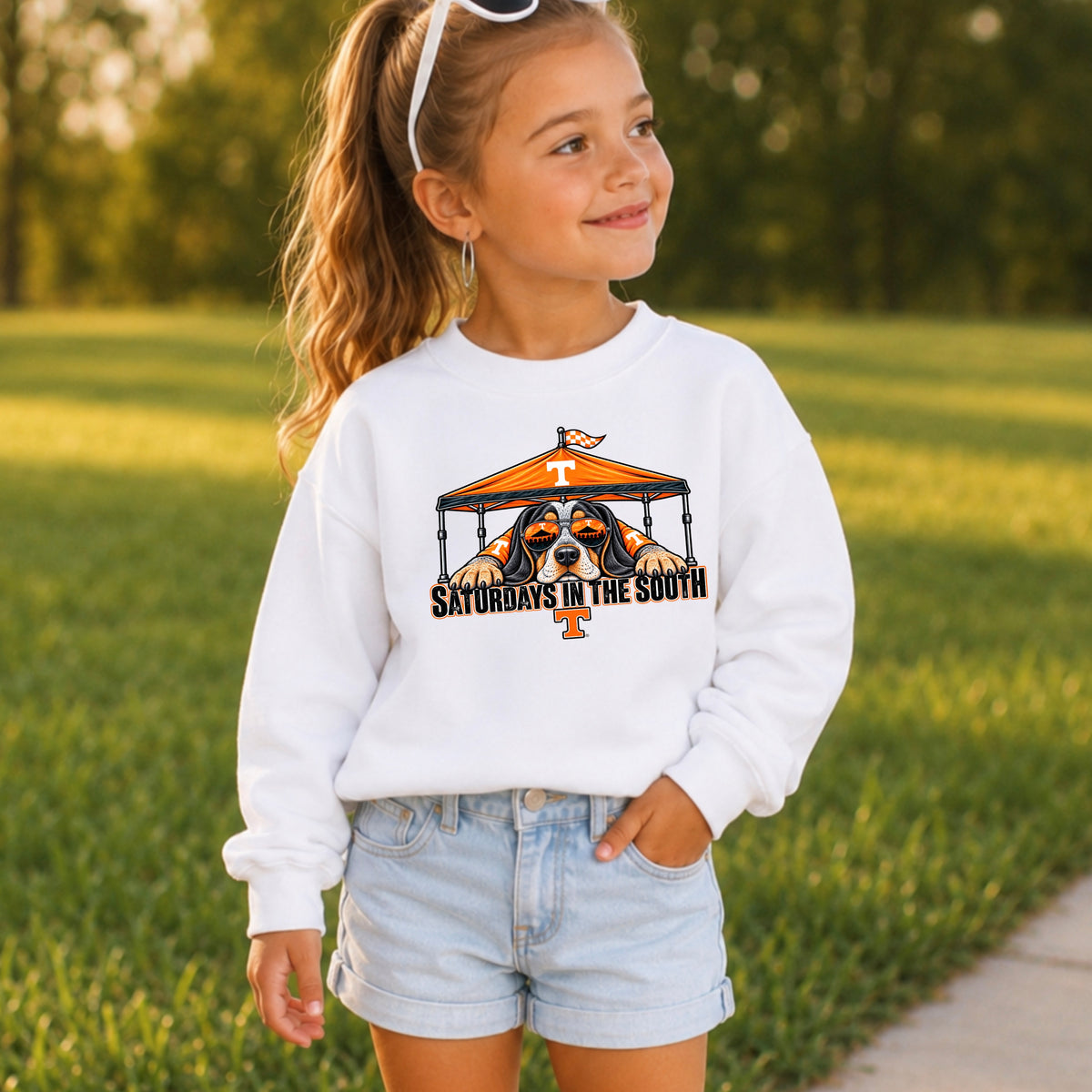 Saturdays In The South Orange & White Youth Crewneck Sweatshirt