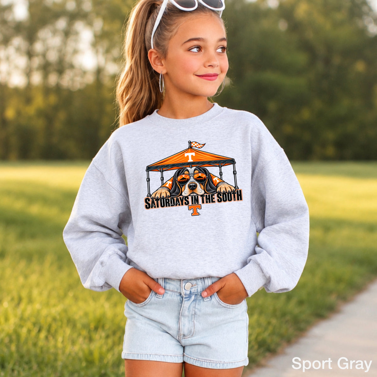 Saturdays In The South Orange & White Youth Crewneck Sweatshirt