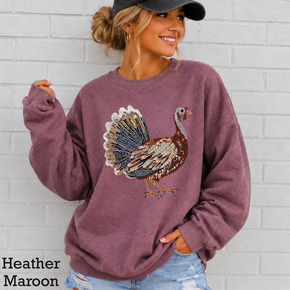 Faux Rhinestone Turkey Crewneck Sweatshirt