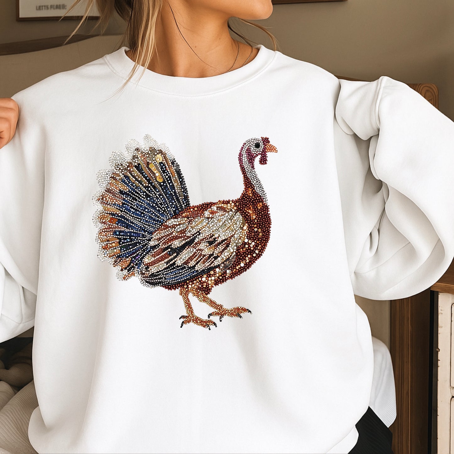 Faux Rhinestone Turkey Crewneck Sweatshirt
