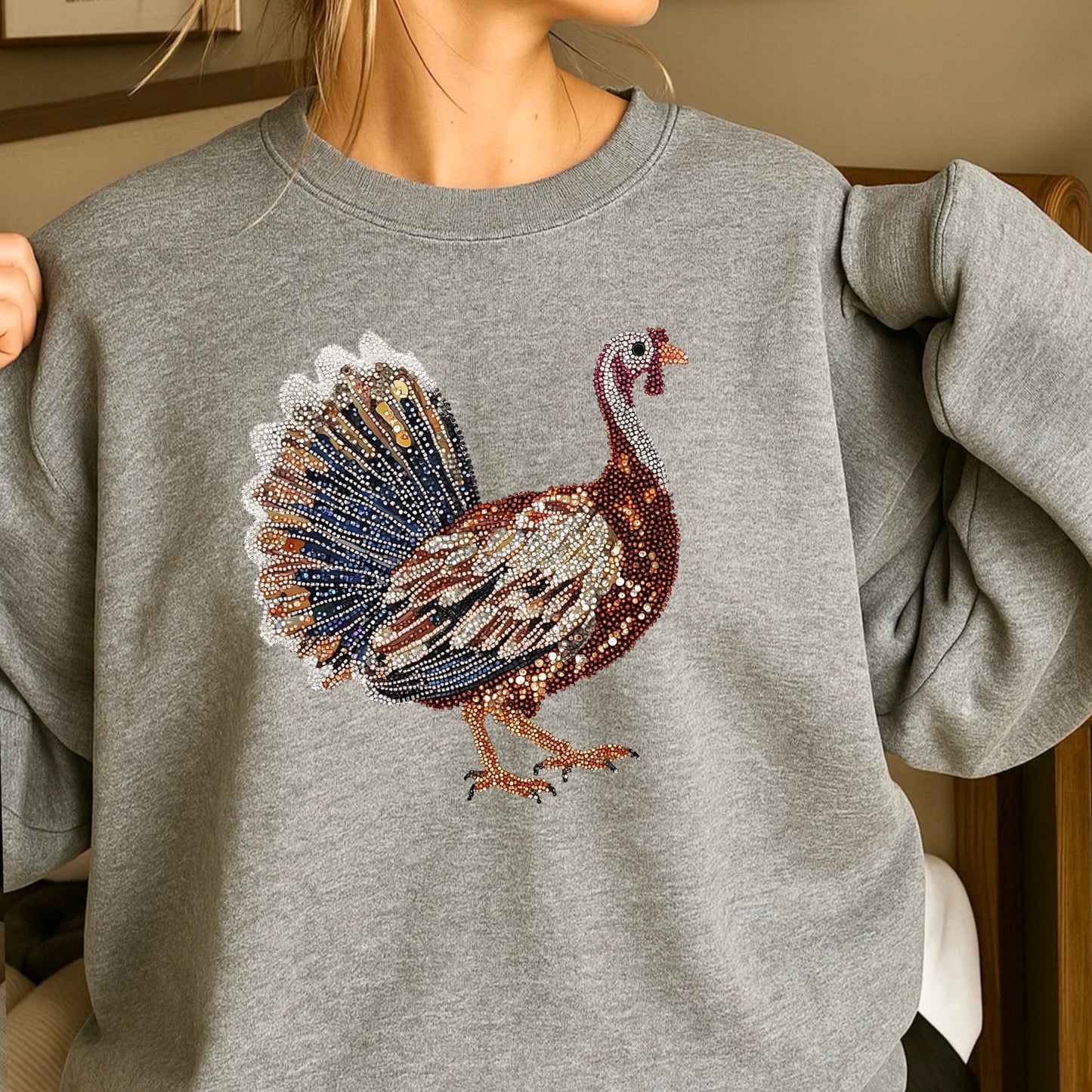 Faux Rhinestone Turkey Crewneck Sweatshirt