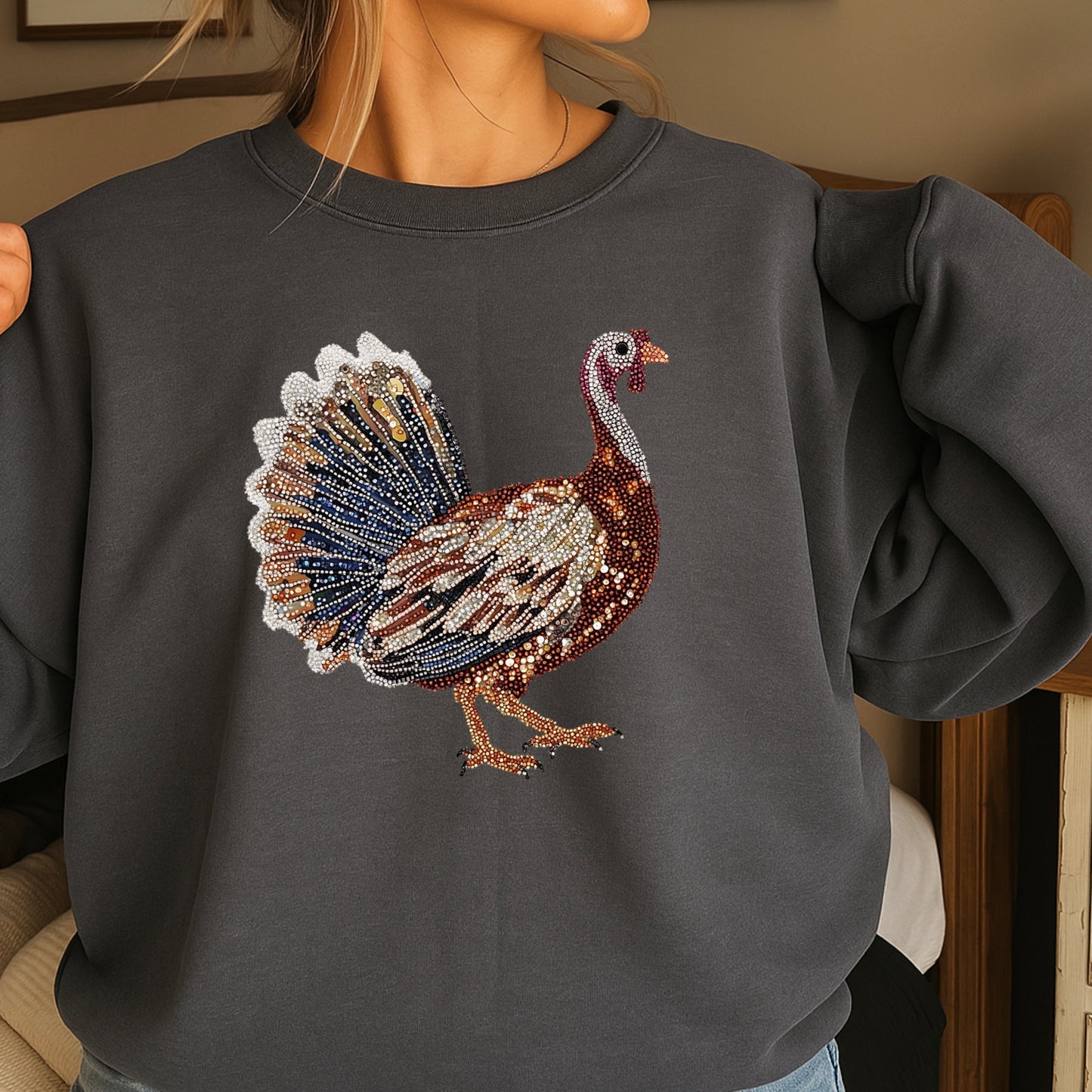 Faux Rhinestone Turkey Crewneck Sweatshirt