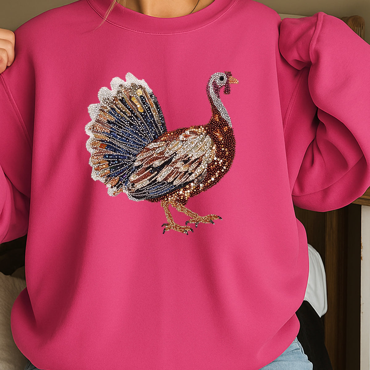 Faux Rhinestone Turkey Crewneck Sweatshirt