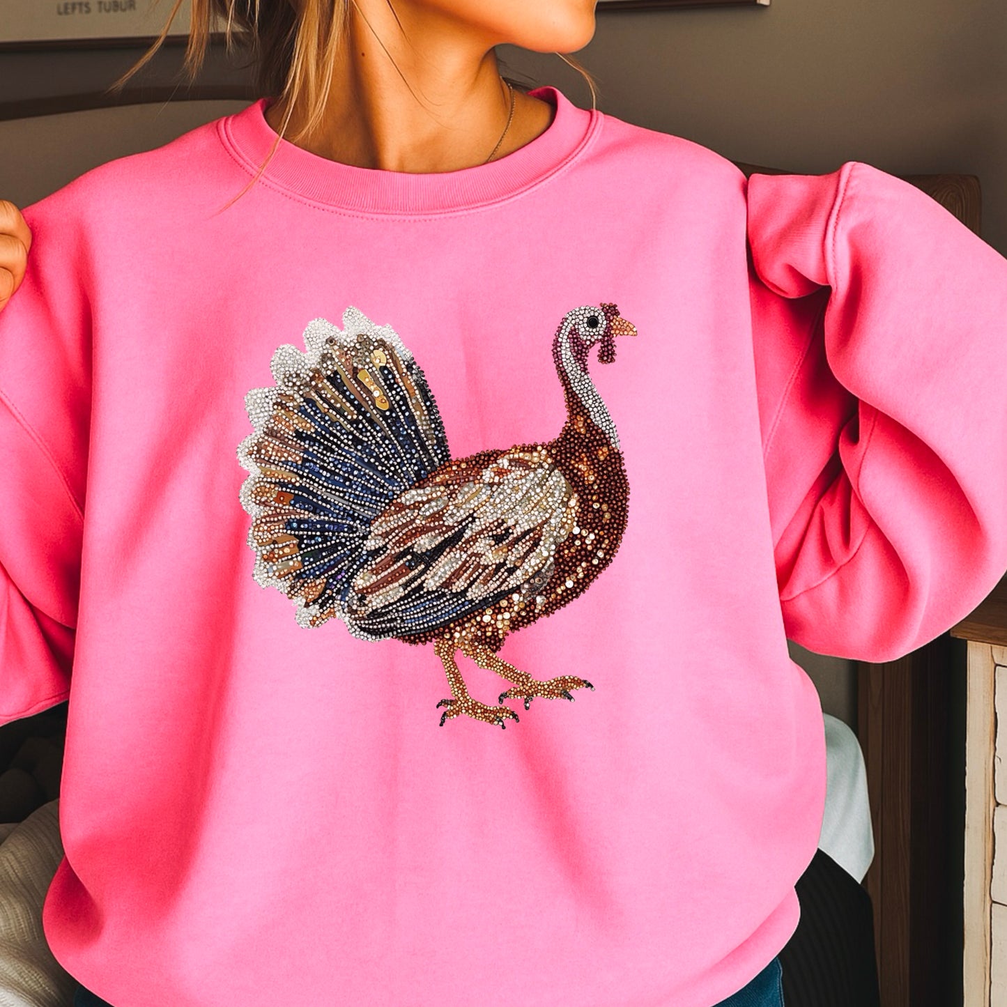 Faux Rhinestone Turkey Crewneck Sweatshirt