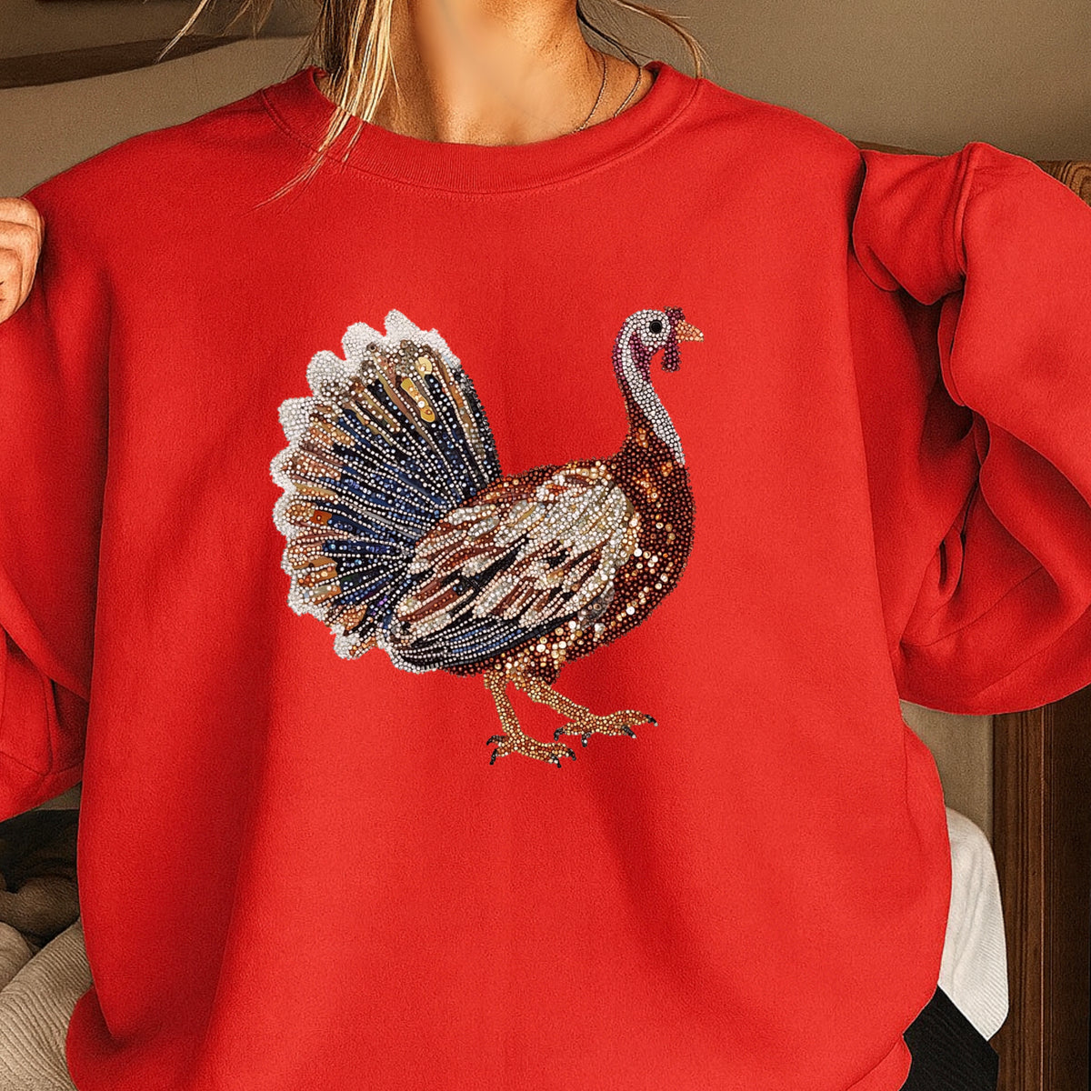 Faux Rhinestone Turkey Crewneck Sweatshirt