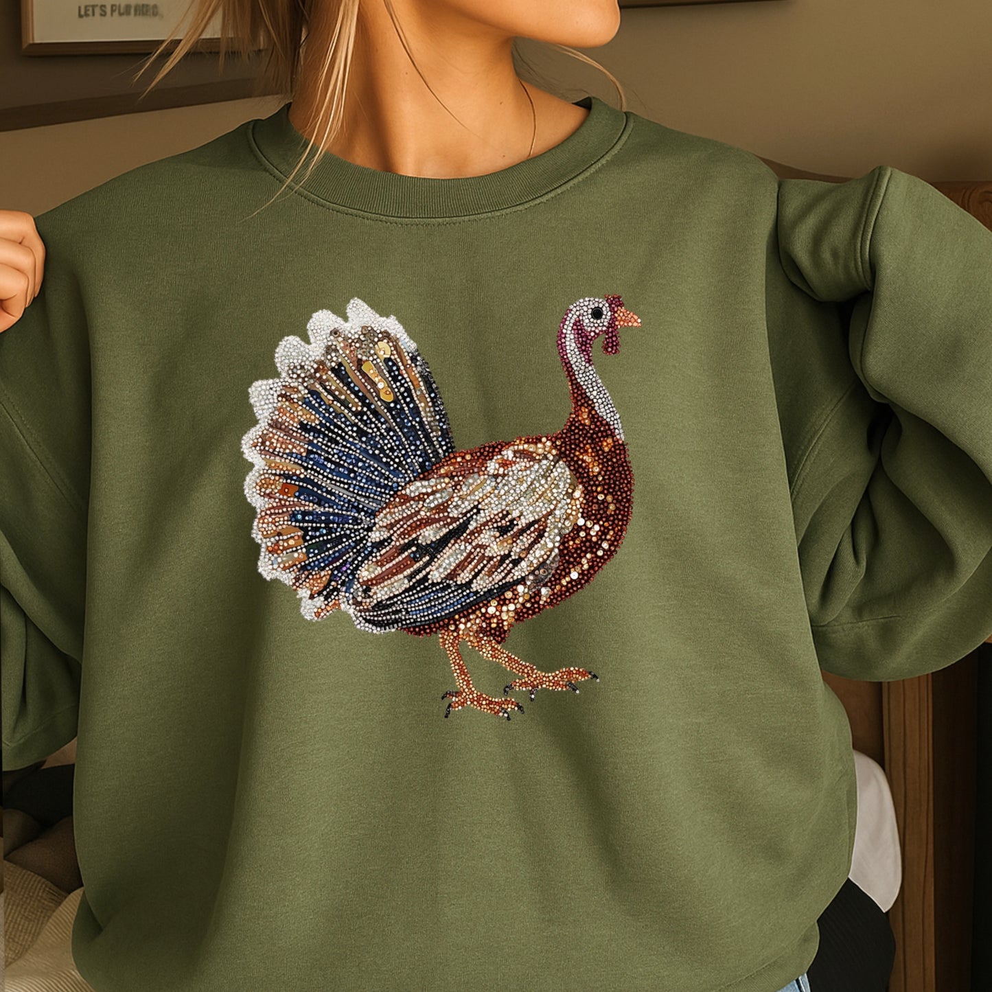 Faux Rhinestone Turkey Crewneck Sweatshirt