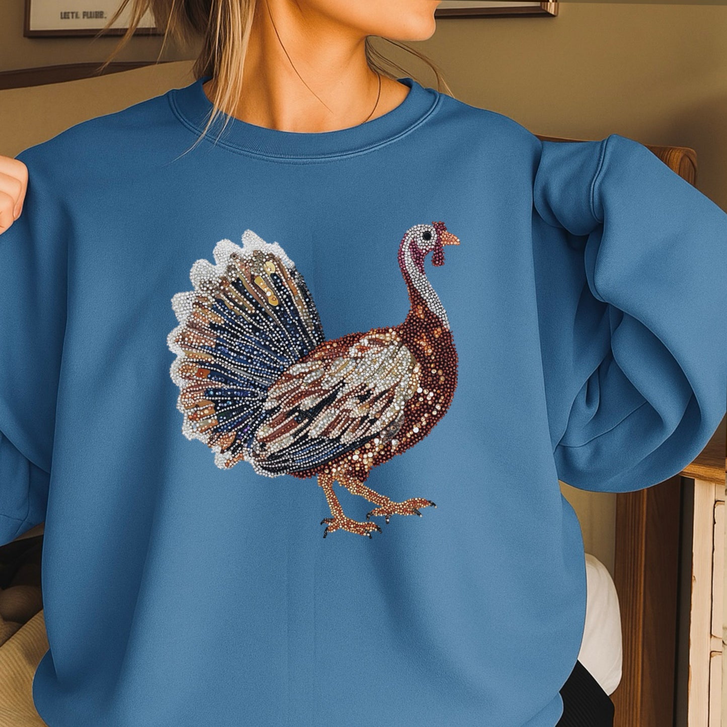 Faux Rhinestone Turkey Crewneck Sweatshirt