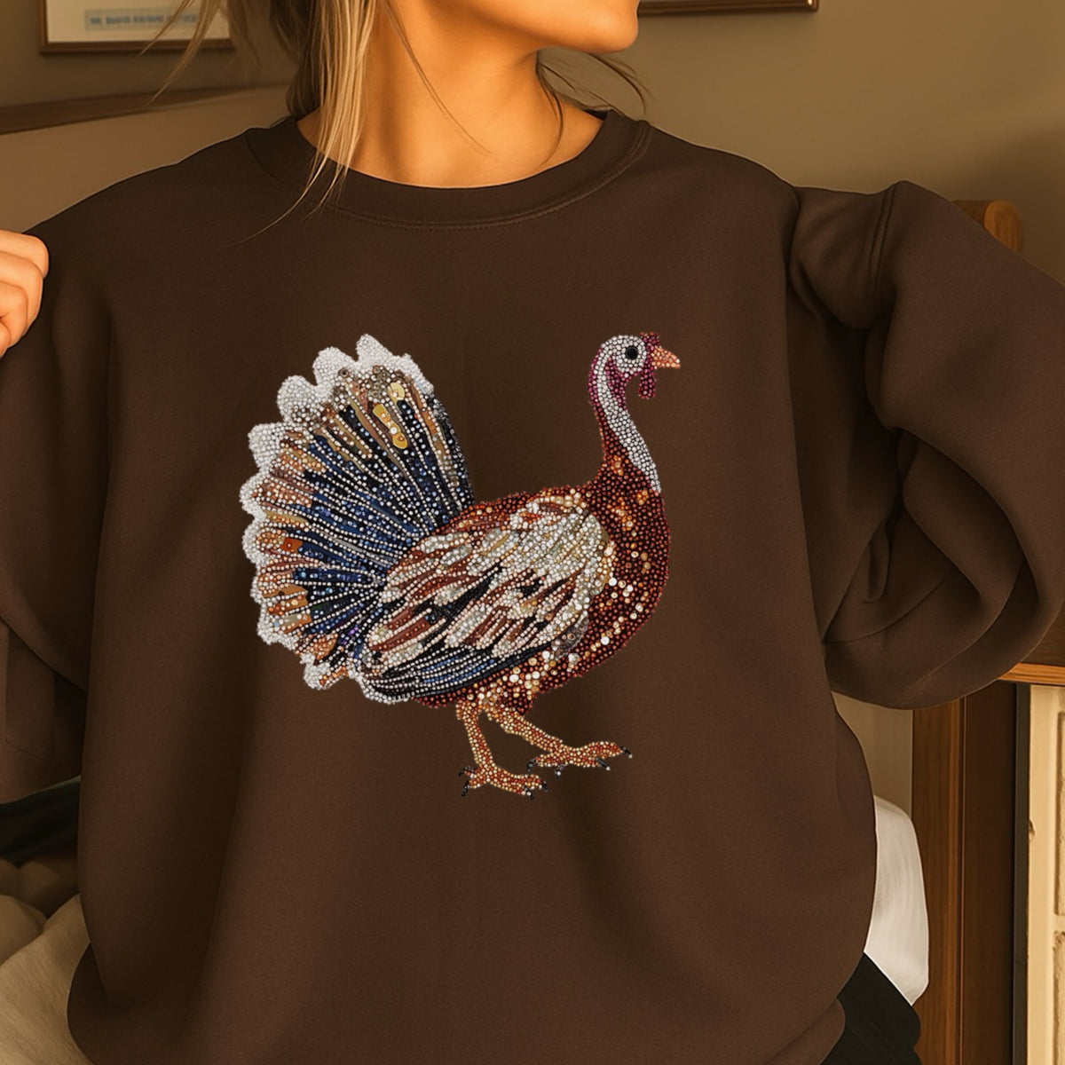 Faux Rhinestone Turkey Crewneck Sweatshirt