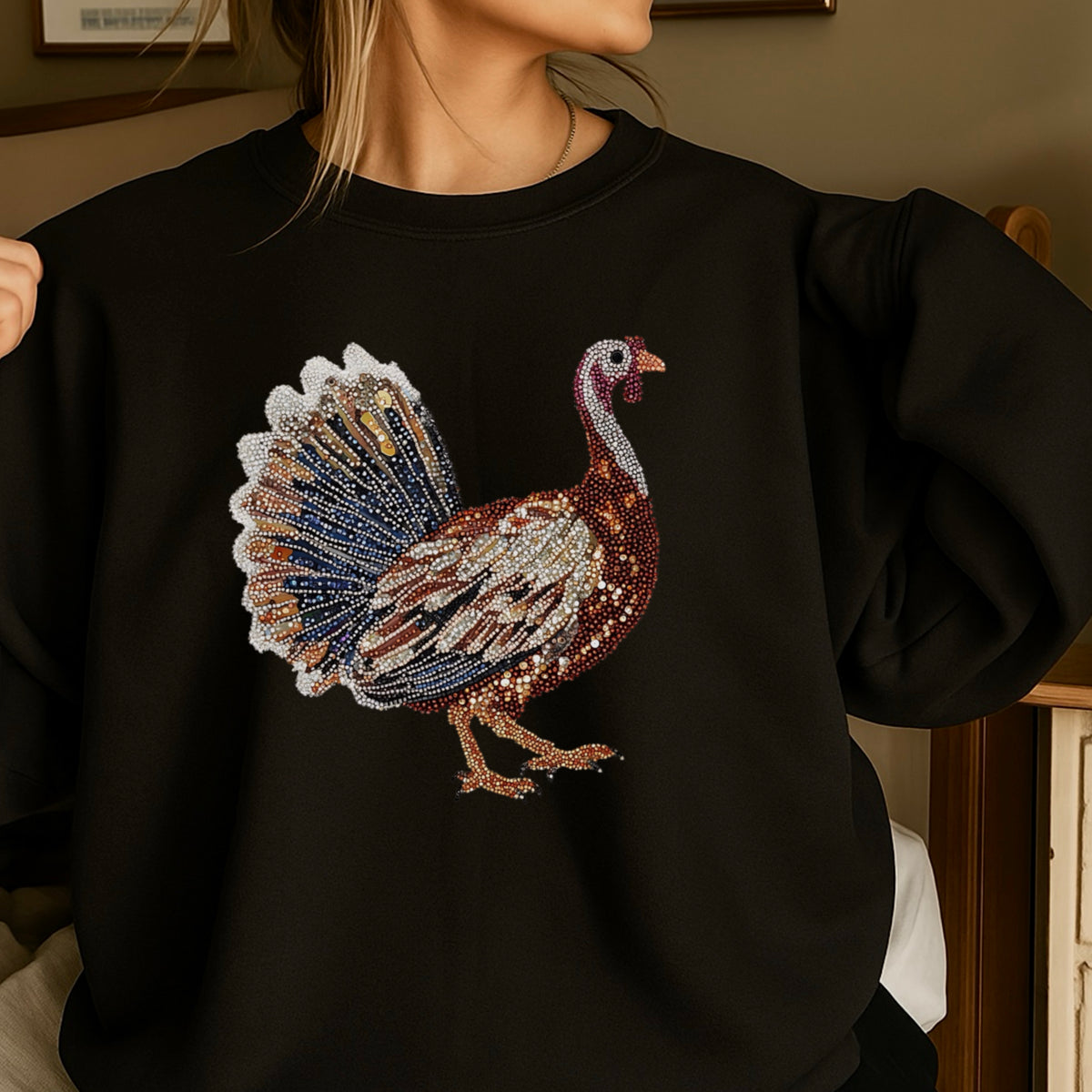 Faux Rhinestone Turkey Crewneck Sweatshirt