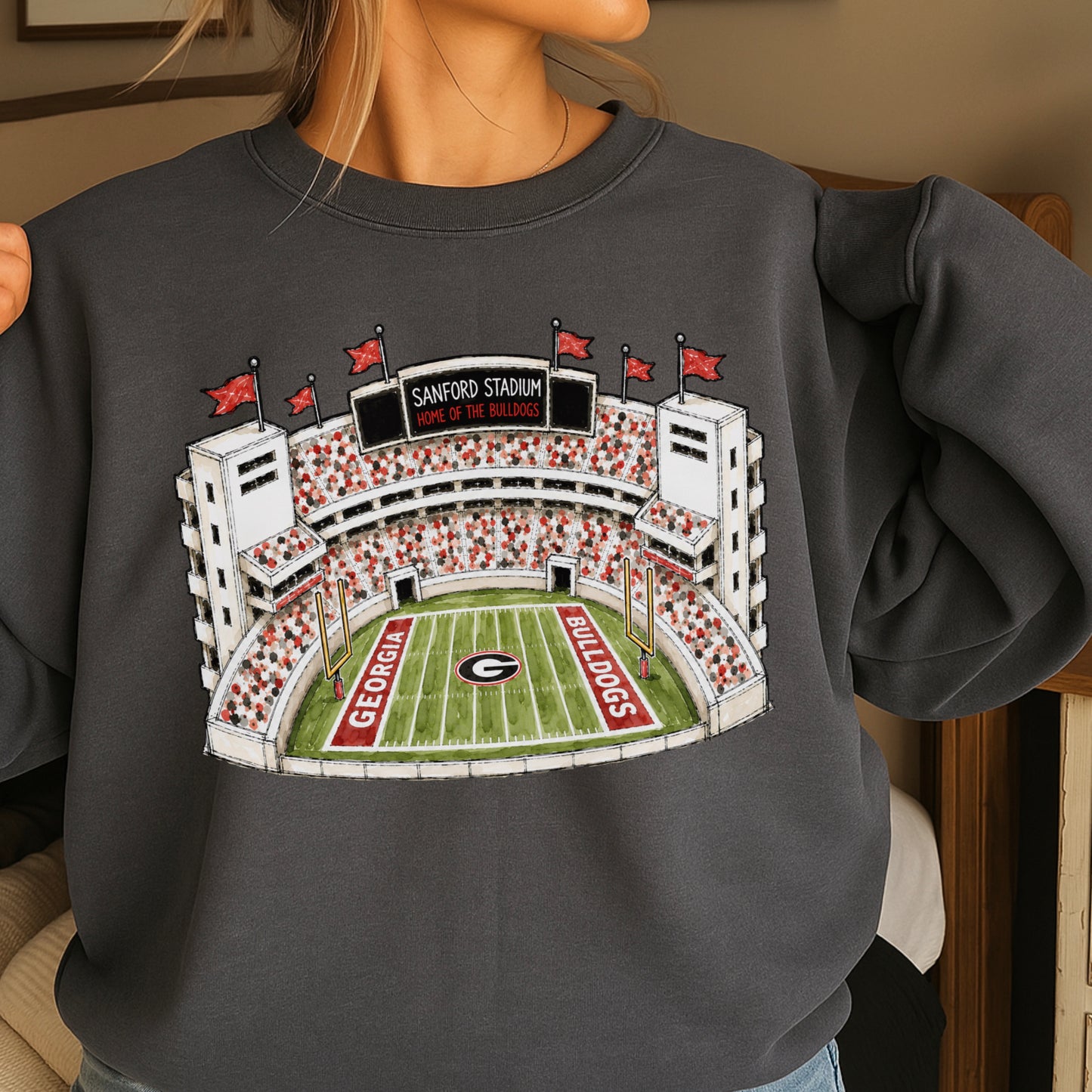 Red & Black College Stadium Crewneck Sweatshirt