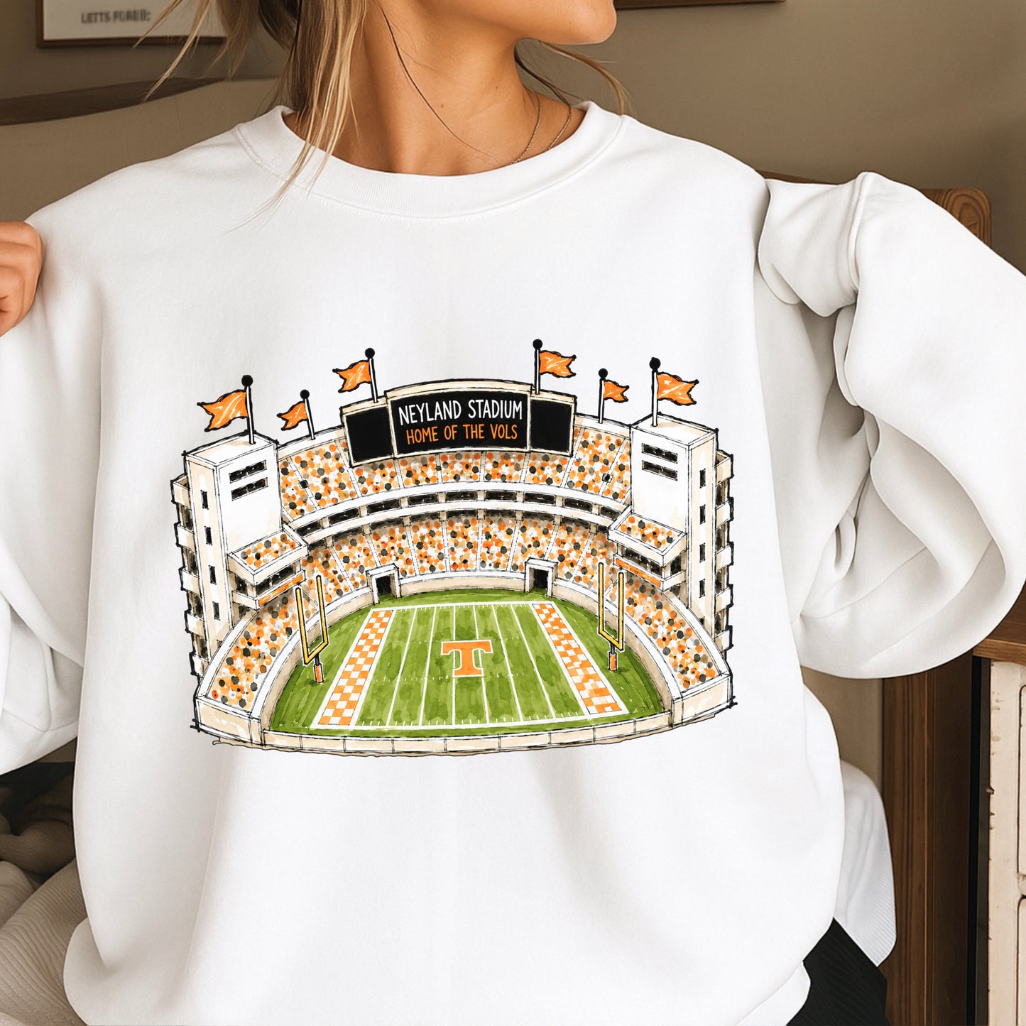 Orange & White College Stadium Crewneck Sweatshirt