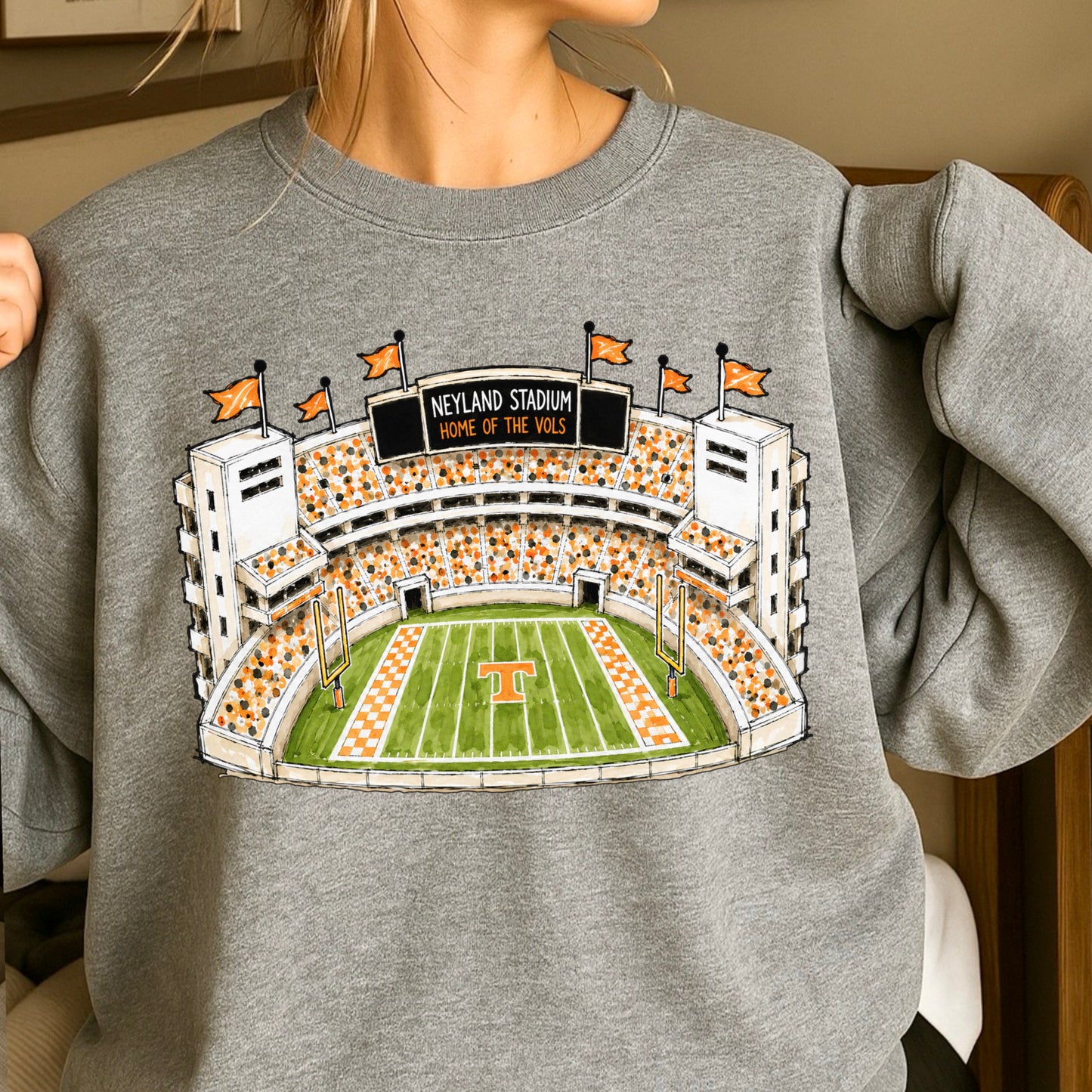 Orange & White College Stadium Crewneck Sweatshirt