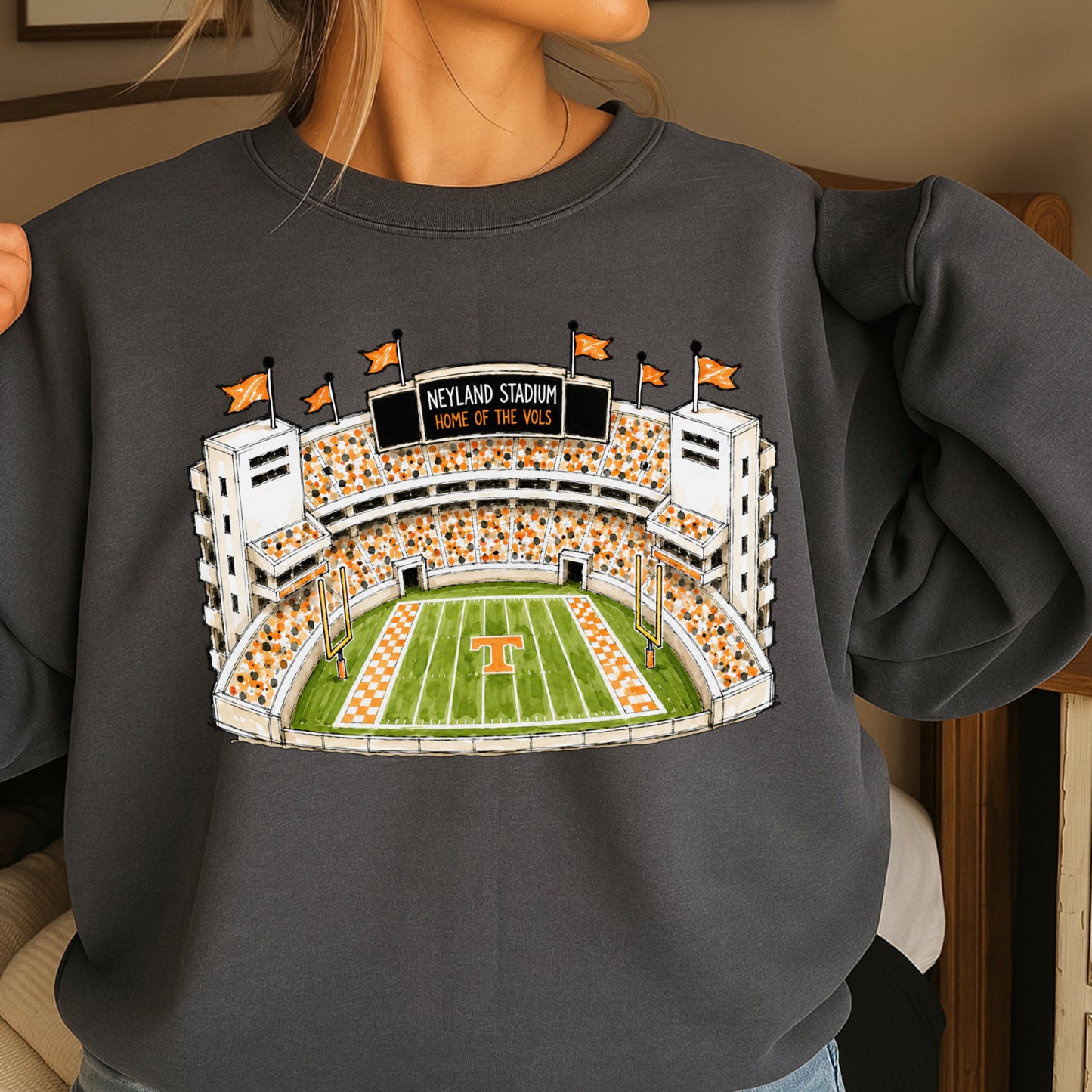 Orange & White College Stadium Crewneck Sweatshirt