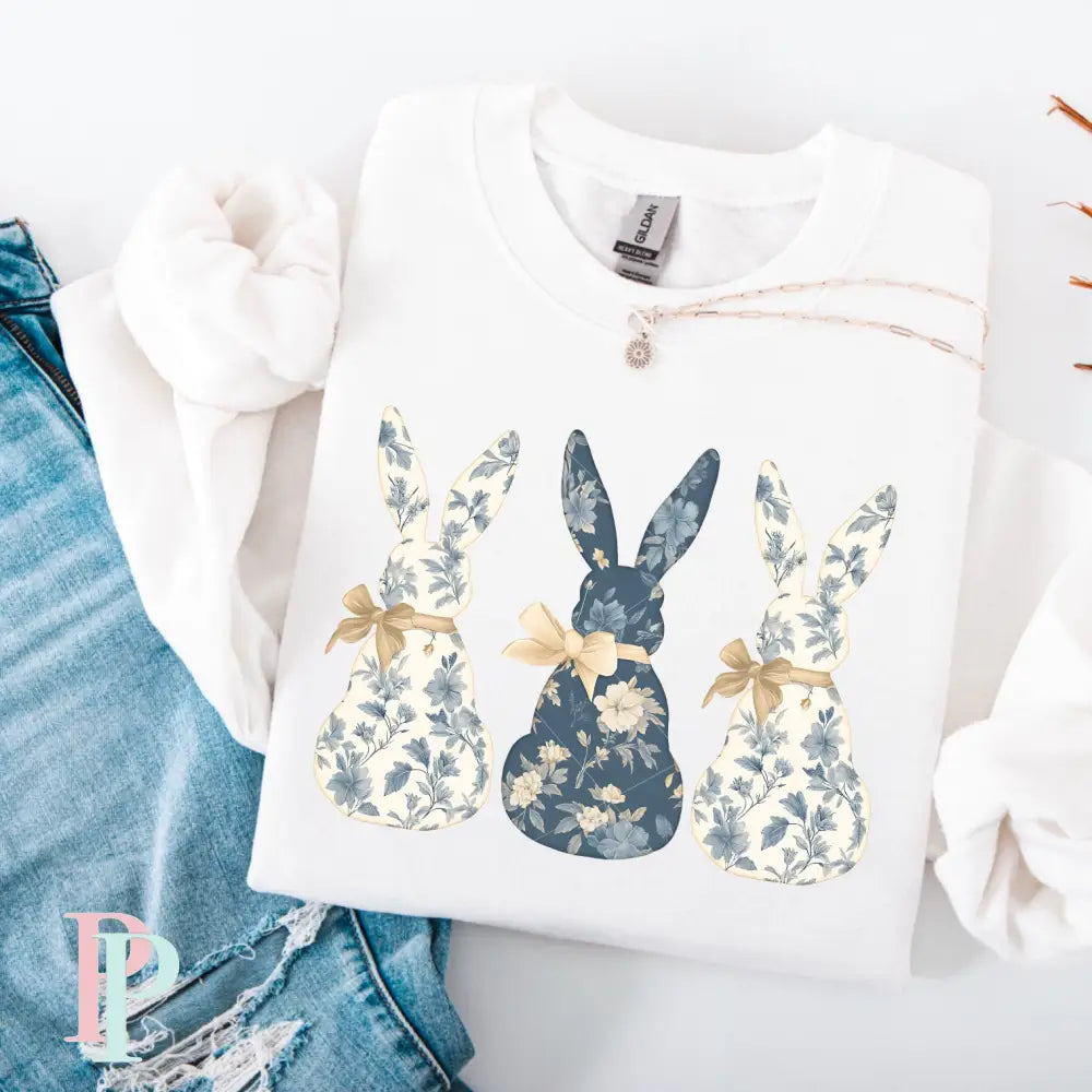 Blue Floral Toile Easter Bunnies DTF Transfer