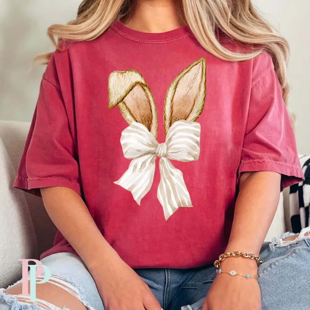 Easter Bunny Ears Coquette Bow Comfort Color Graphic Tee SMALL / CRIMSON