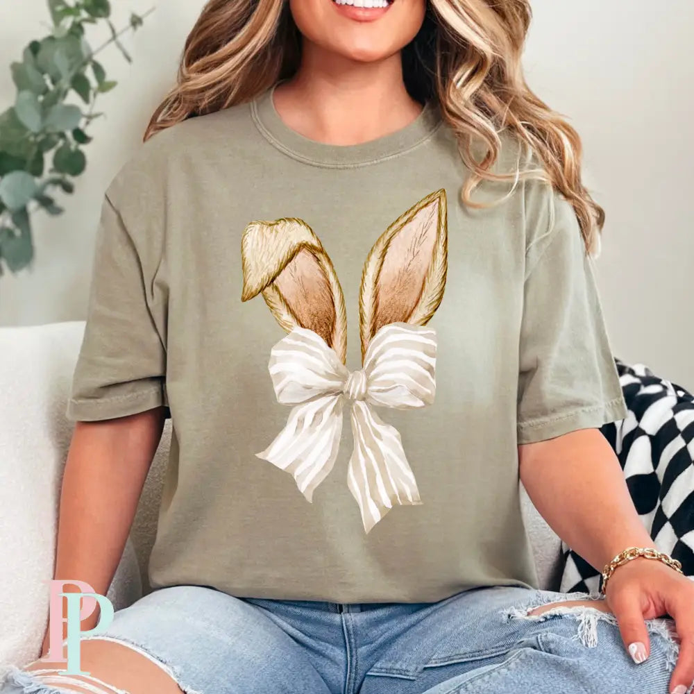 Easter Bunny Ears Coquette Bow Comfort Color Graphic Tee SMALL / KHAKI