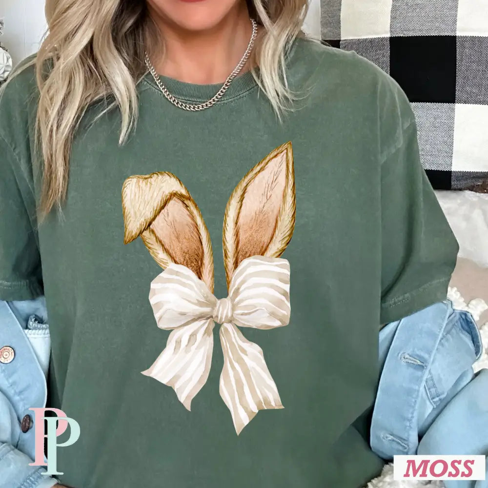 Easter Bunny Ears Coquette Bow Comfort Color Graphic Tee SMALL / MOSS