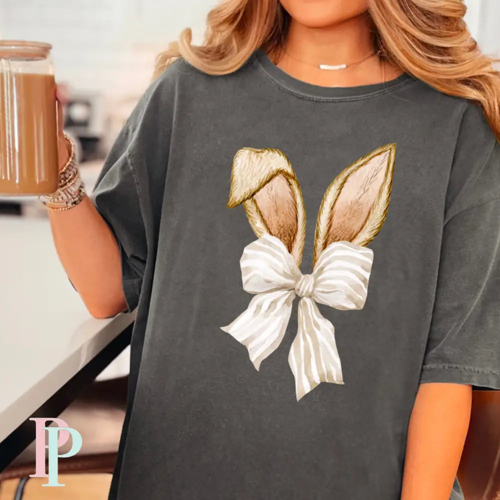 Easter Bunny Ears Coquette Bow Comfort Color Graphic Tee SMALL / PEPPER