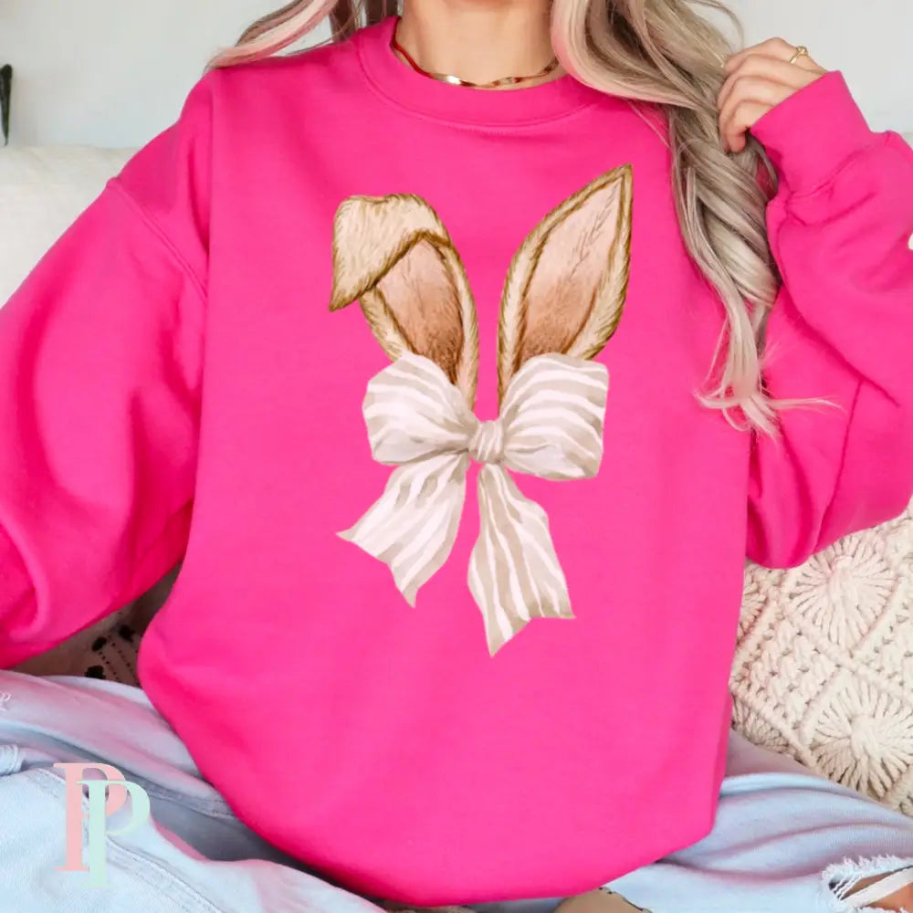 Easter Bunny Ears Coquette Bow Crewneck Sweatshirt Hot Pink / Small