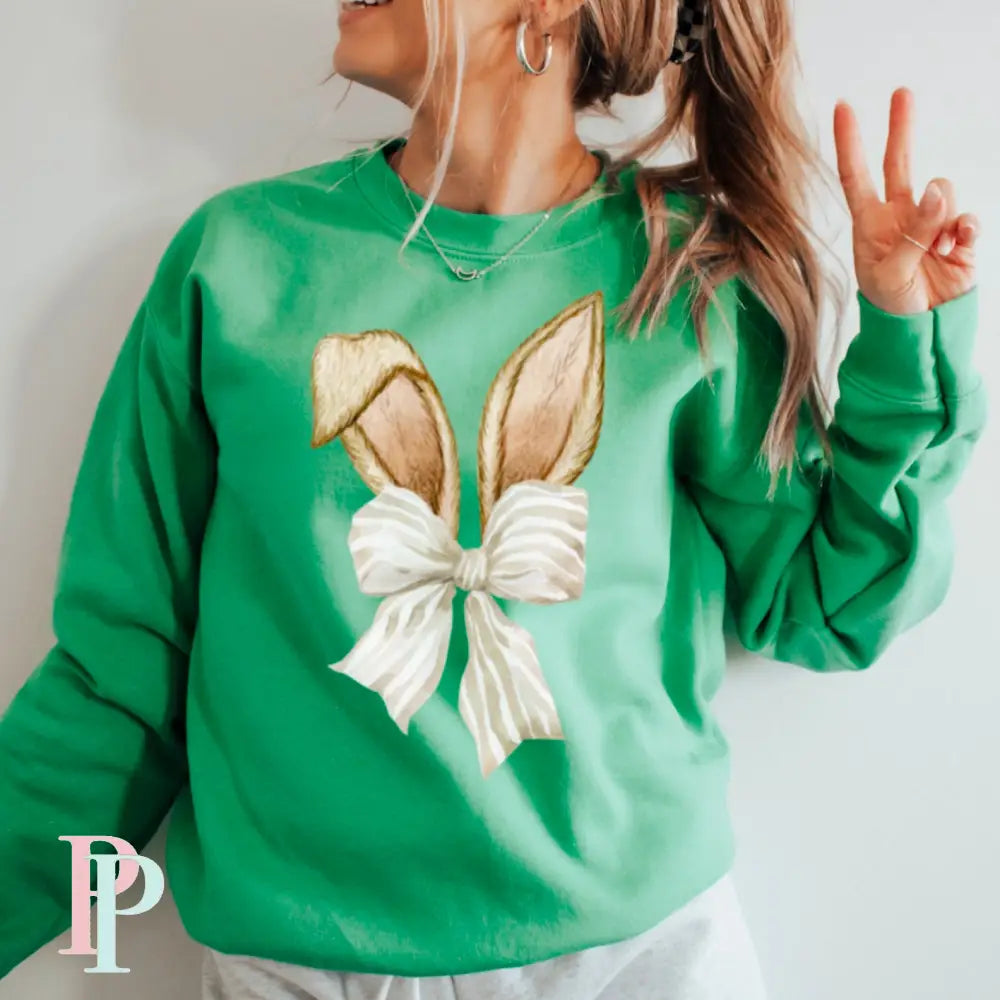 Easter Bunny Ears Coquette Bow Crewneck Sweatshirt Irish Green / Small
