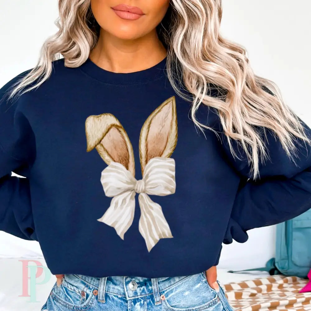 Easter Bunny Ears Coquette Bow Crewneck Sweatshirt Navy / Small