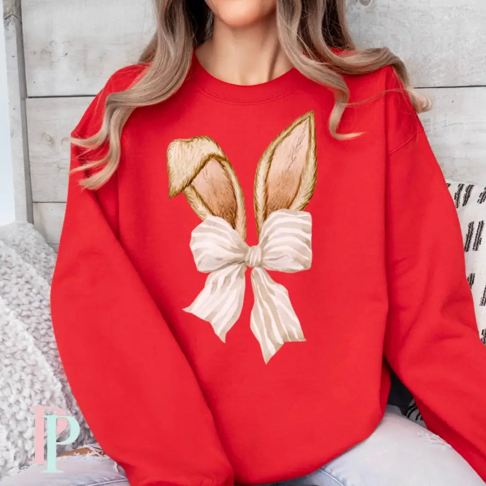 Easter Bunny Ears Coquette Bow Crewneck Sweatshirt Red / Small