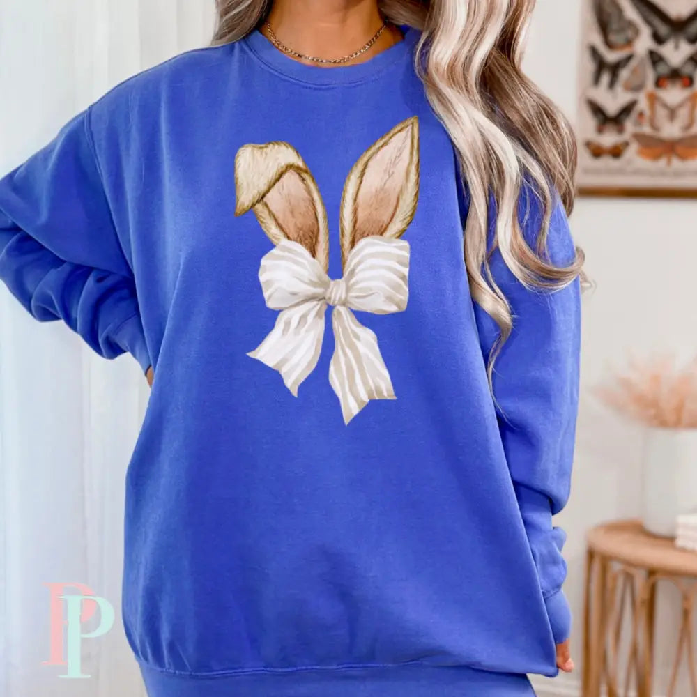 Easter Bunny Ears Coquette Bow Crewneck Sweatshirt Royal Blue / Small