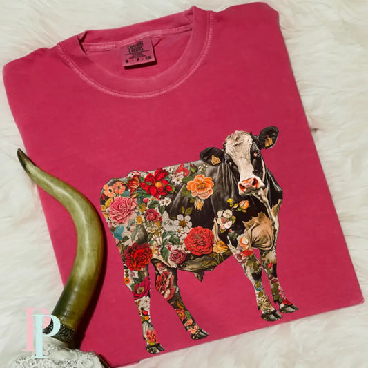 Floral Cow V2 Comfort Color Graphic Tee