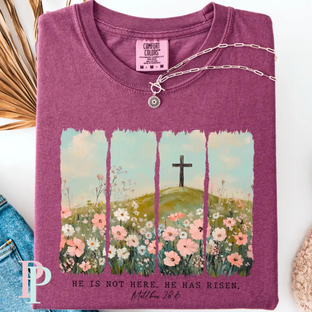 He Is Not Here He Has Risen Comfort Color Graphic Tee SMALL / BERRY