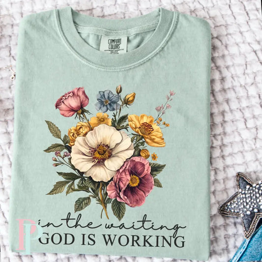In The Waiting God Is Working Black Wording DTF Transfer