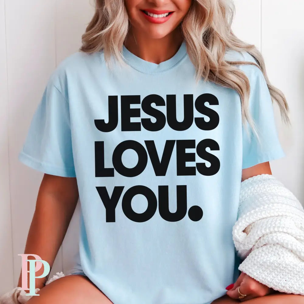 Jesus Loves You Comfort Color Graphic Tee CHAMBRAY / SMALL