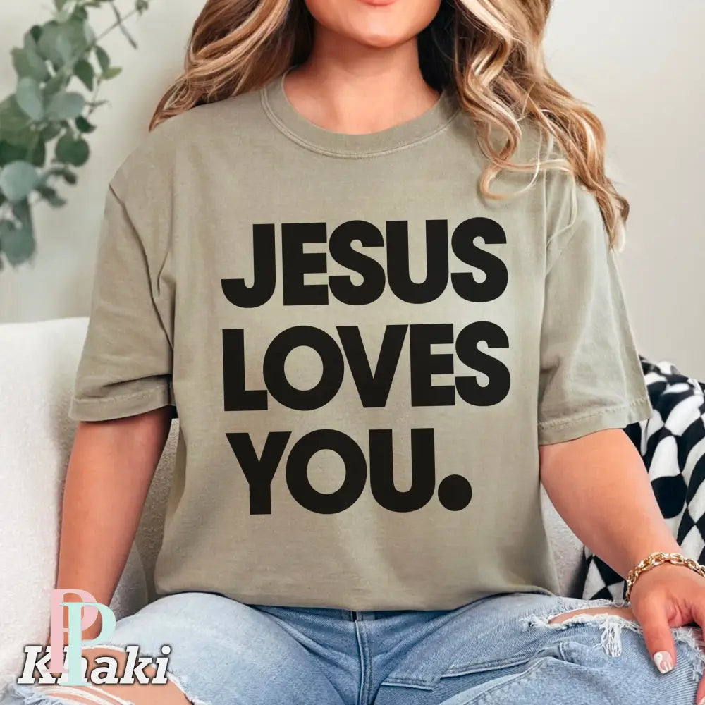 Jesus Loves You Comfort Color Graphic Tee KHAKI / SMALL