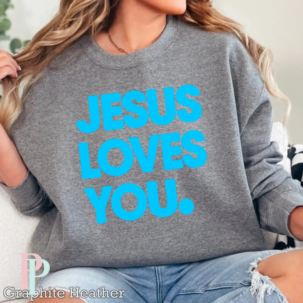 Jesus Loves You Crewneck Sweatshirt Dark Heather Gray / Small