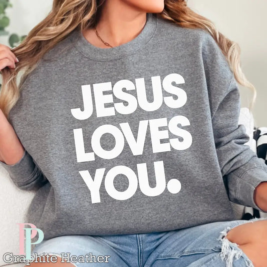 Jesus Loves You Crewneck Sweatshirt Dark Heather Gray / Small