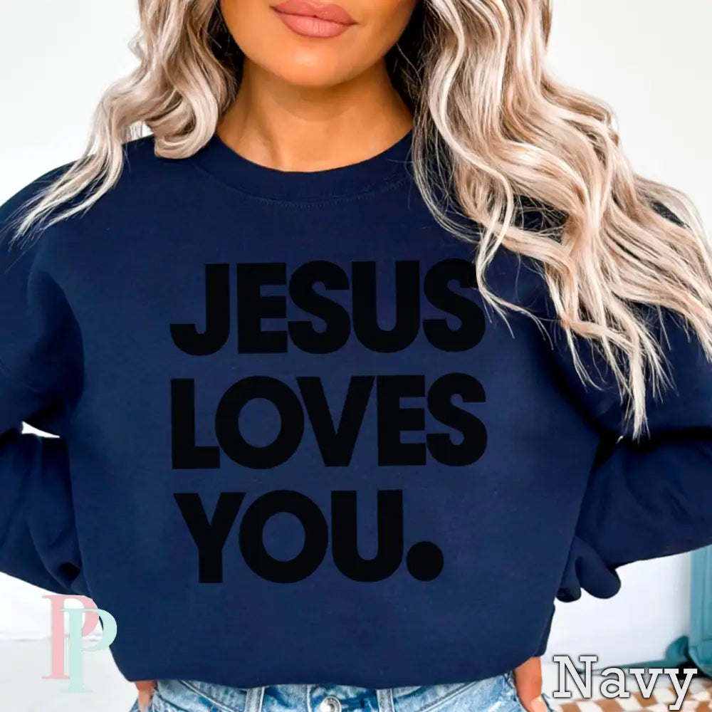 Jesus Loves You Crewneck Sweatshirt Navy / Small