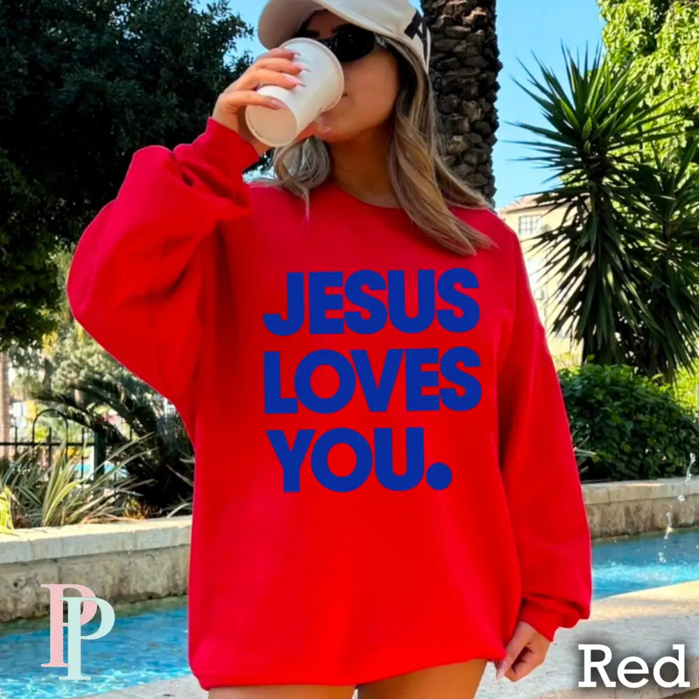 Jesus Loves You Crewneck Sweatshirt Red / Small
