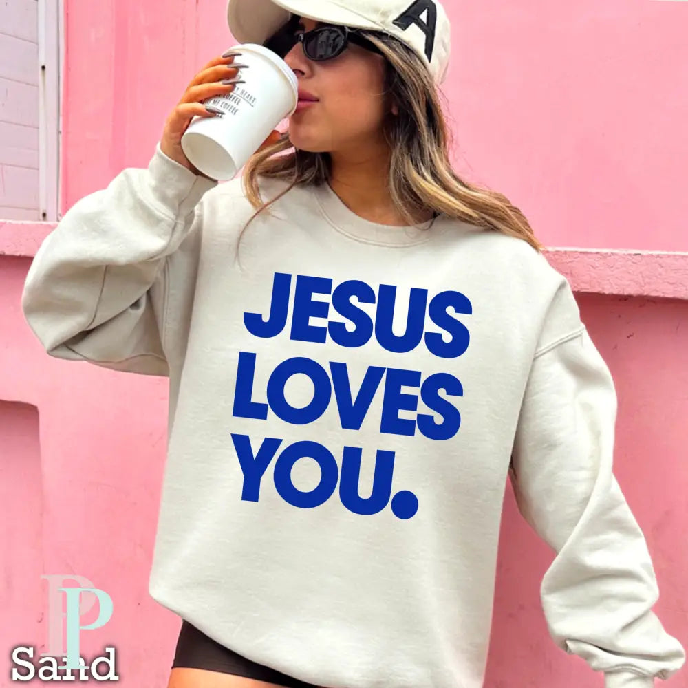 Jesus Loves You Crewneck Sweatshirt Sand / Small