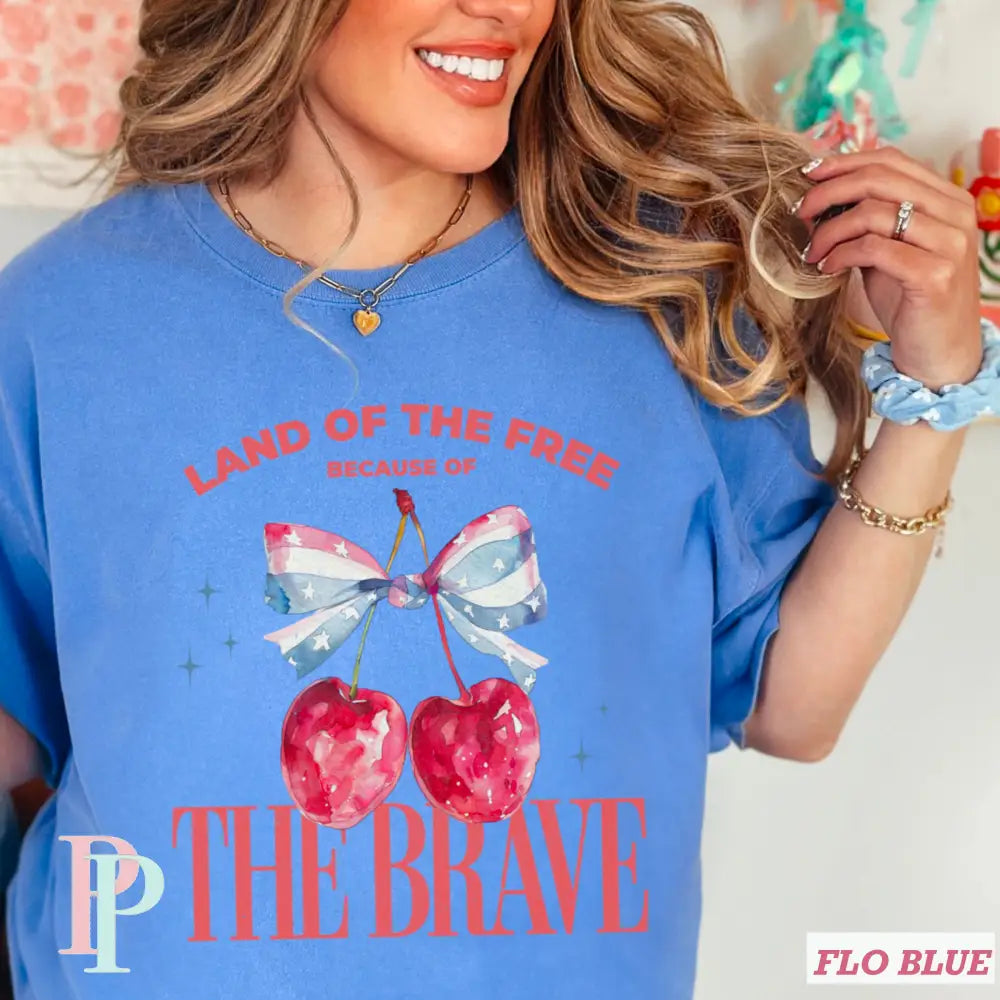 Land Of The Free Because Of The Brave Comfort Color Graphic Tee SMALL / FLO BLUE