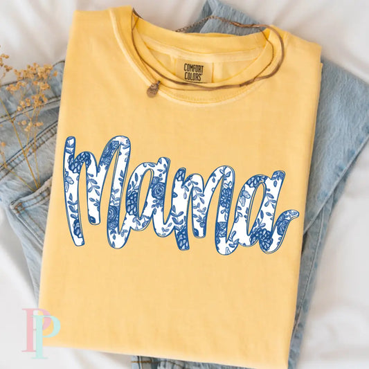 Mama Navy White Floral Comfort Color Graphic Tee