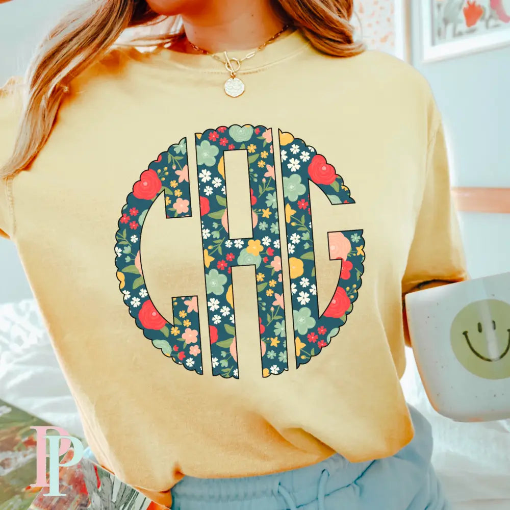 Navy Floral Comfort Color Monogram Graphic Tee
