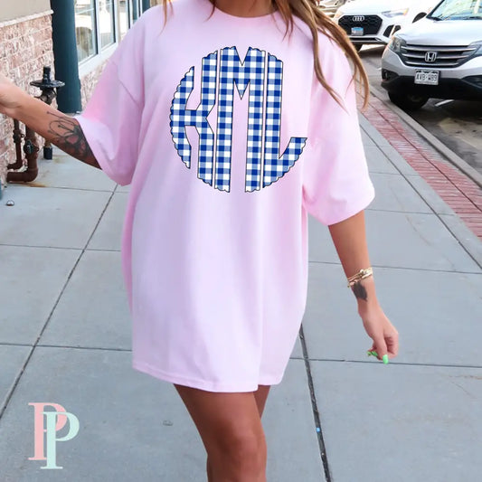 Navy Gingham Comfort Color Monogram Graphic Tee
