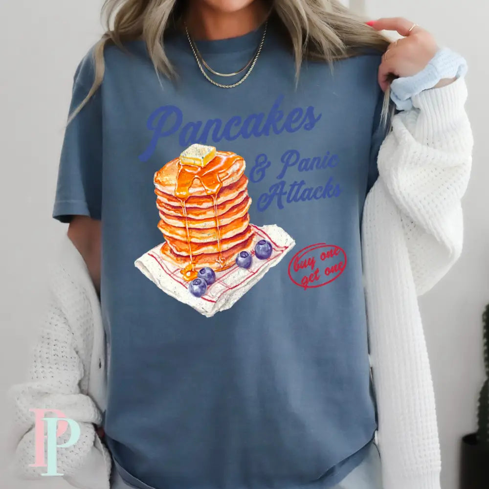 Pancakes & Panic Attacks Comfort Color Graphic Tee SMALL / BLUE JEAN