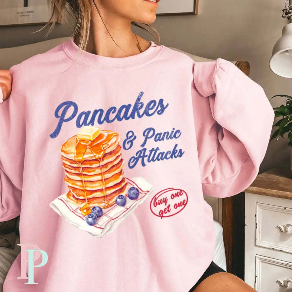 Pancakes & Panic Attacks Crewneck Sweatshirt Pink / Small