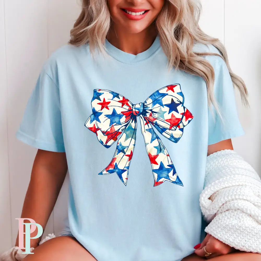 Patriotic Coquette Bow Comfort Color Graphic Tee CHAMBRAY / SMALL