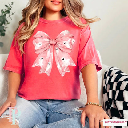 Pink Ghost Bow Comfort Color Graphic Tee
