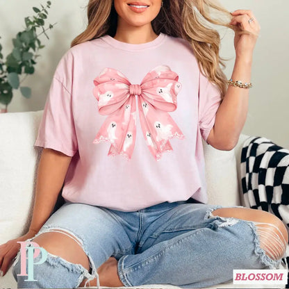 Pink Ghost Bow Comfort Color Graphic Tee