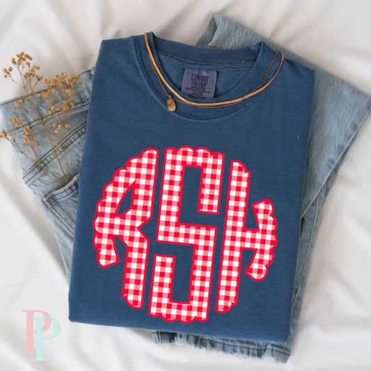 Red Gingham Comfort Color Monogram Graphic Tee