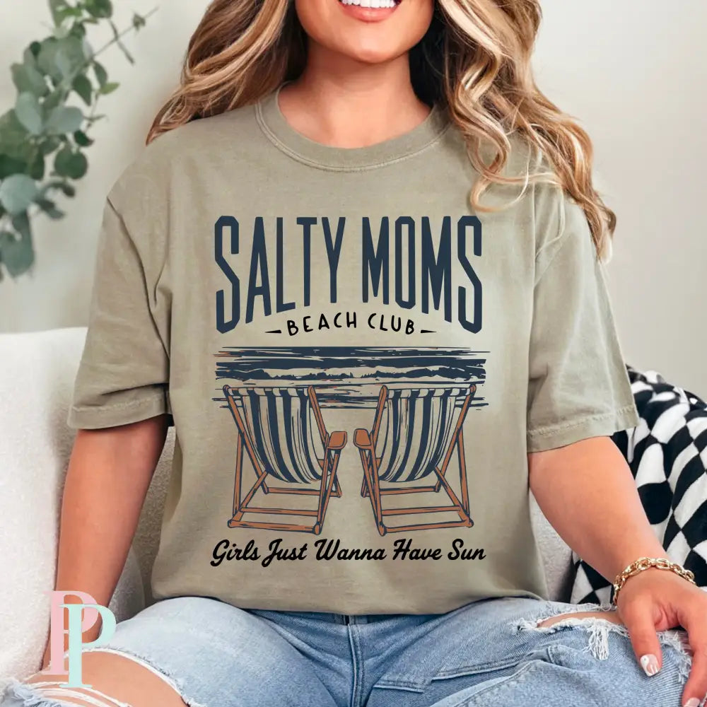 Salty Moms Beach Club Comfort Color Graphic Tee KHAKI / SMALL