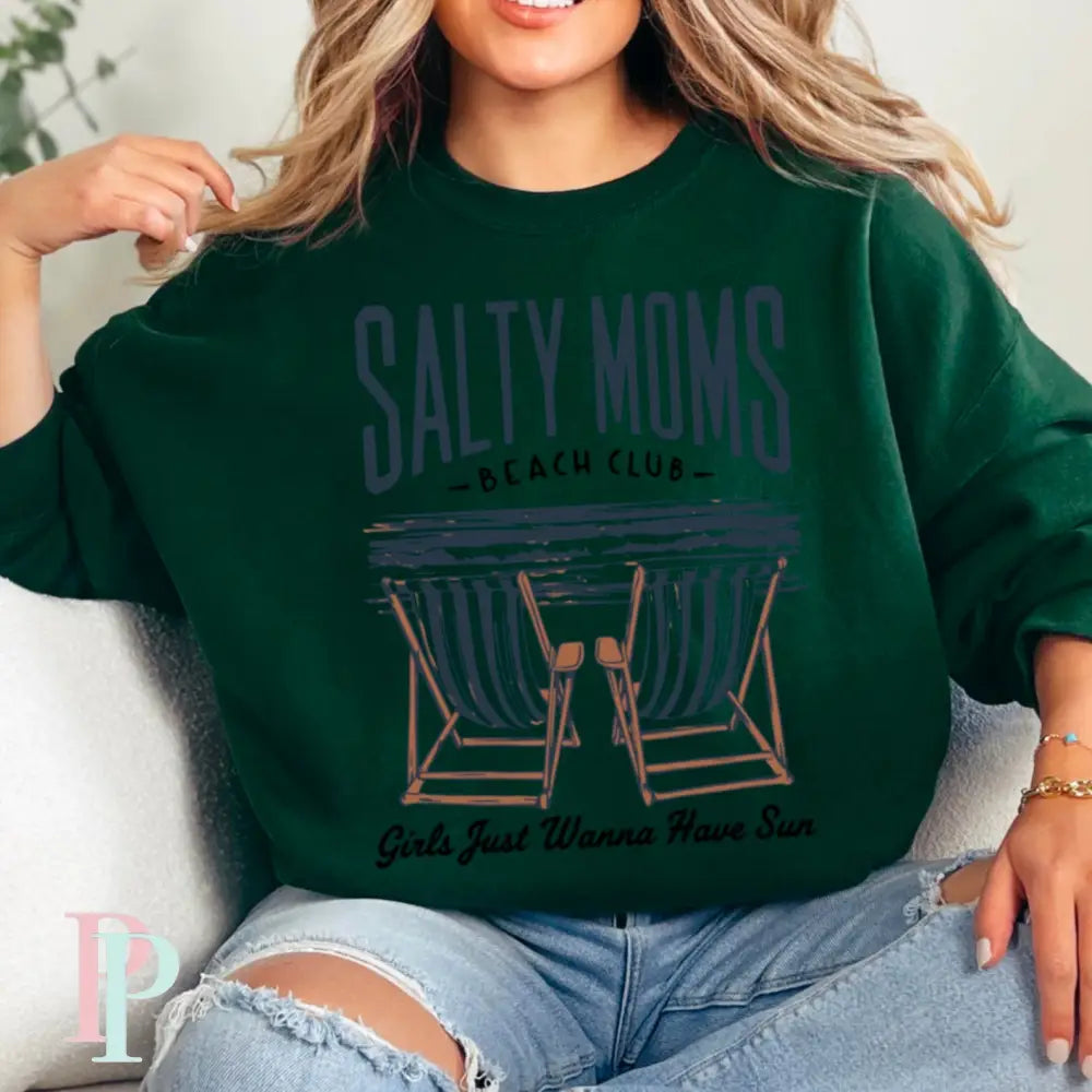 Salty Moms Beach Club Crewneck Sweatshirt Dark Green / Small